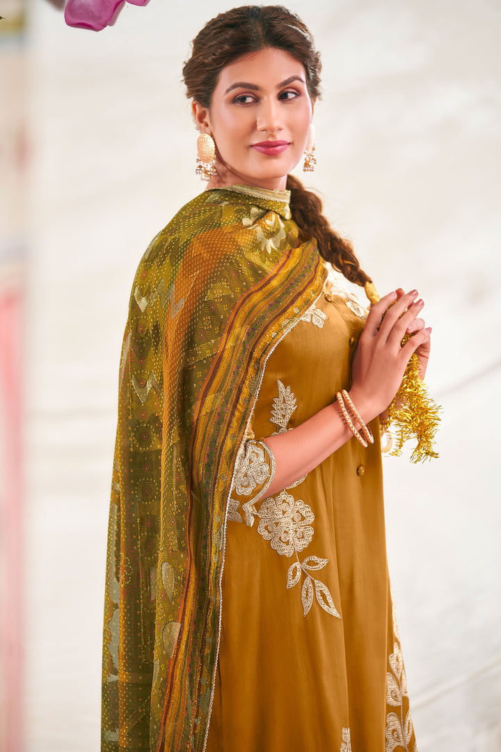 Pure Bemberg Slub Silk Embroidered Designer Straight Cut Long Salwar Kameez