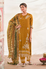 Load image into Gallery viewer, Pure Bemberg Slub Silk Embroidered Designer Straight Cut Long Salwar Kameez

