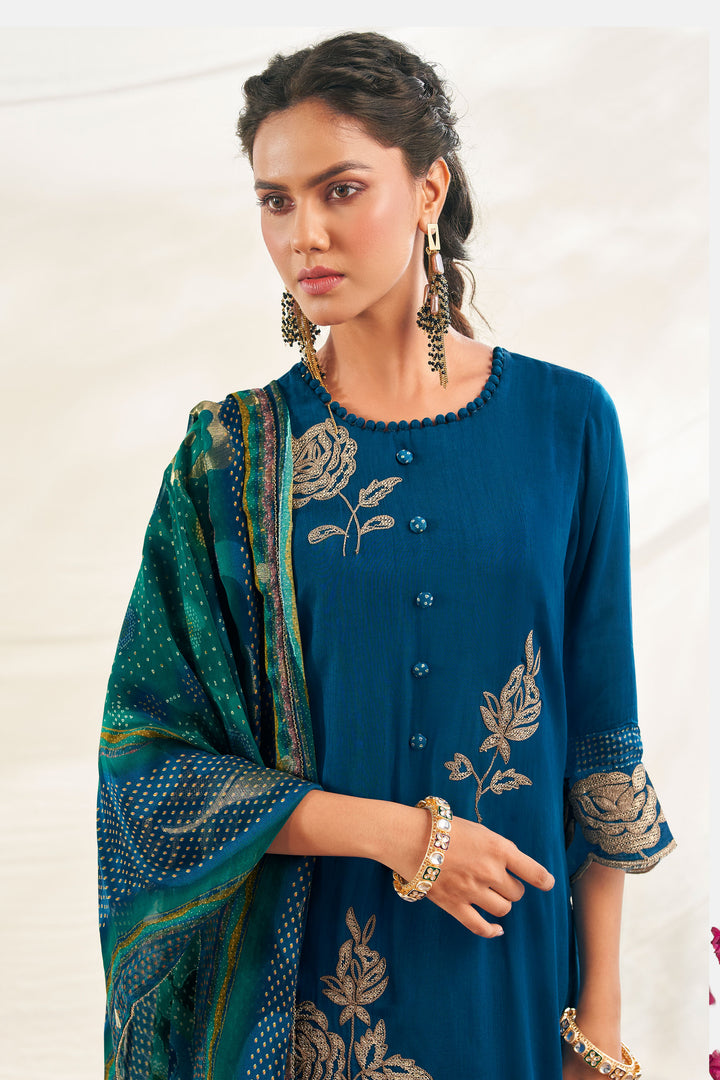 Teal Pure Bemberg Slub Silk Embroidered Designer Straight Cut Long Salwar Suit