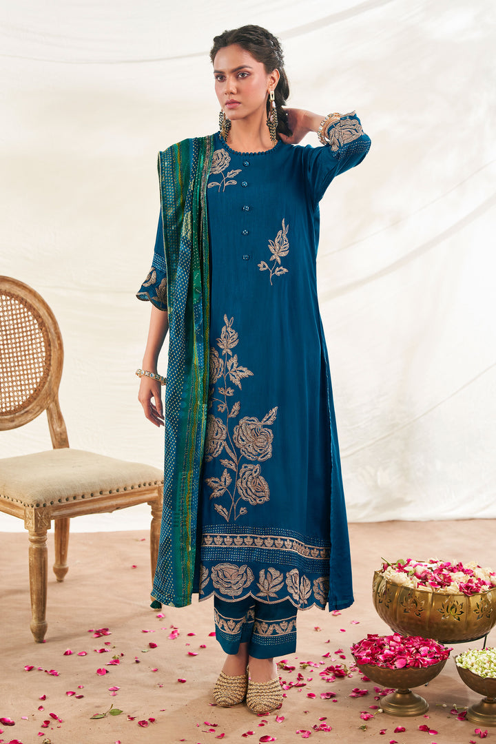 Teal Pure Bemberg Slub Silk Embroidered Designer Straight Cut Long Salwar Suit