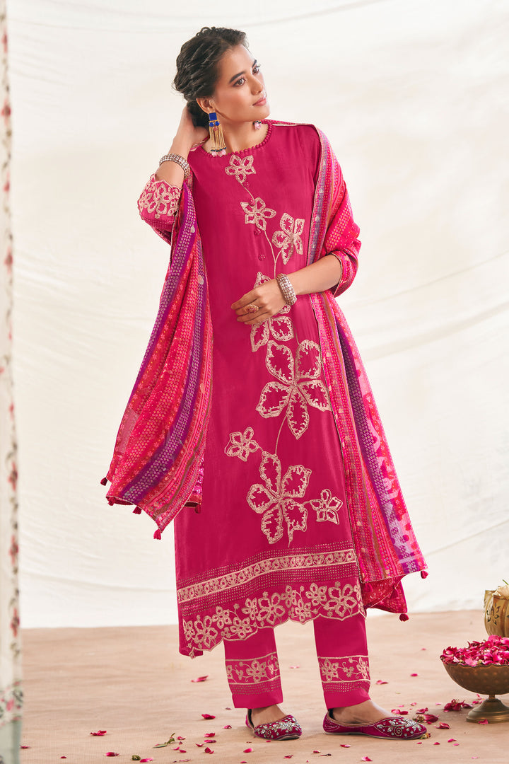 Rani Pure Bemberg Slub Silk Embroidered Designer Straight Cut Long Suit