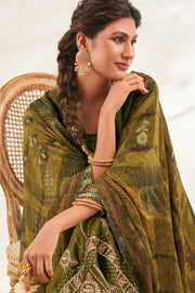 Green Pure Bemberg Slub Silk Embroidered Designer Straight Cut Long Dress