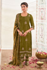 Load image into Gallery viewer, Green Pure Bemberg Slub Silk Embroidered Designer Straight Cut Long Dress
