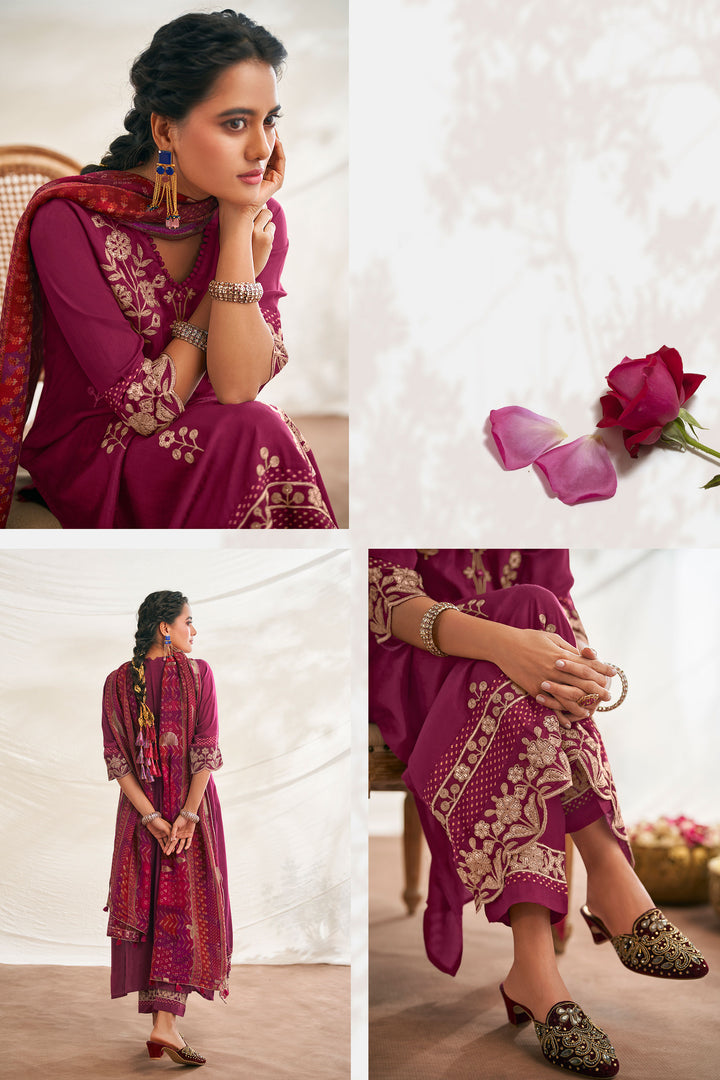 Pure Bemberg Slub Silk Designer Straight Cut Long Salwar Suit In Magenta Color