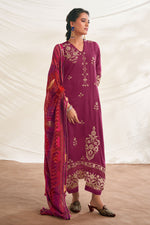 Load image into Gallery viewer, Pure Bemberg Slub Silk Designer Straight Cut Long Salwar Suit In Magenta Color
