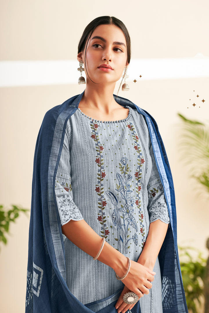 Light Blue Pure South Cotton Lining Long Straight Cut Salwar Kameez With Fancy Embroidery Work