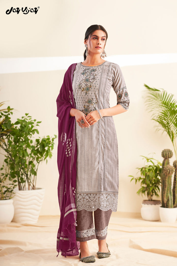 Beige Pure South Cotton Lining Long Straight Cut Dress With Fancy Embroidery Work