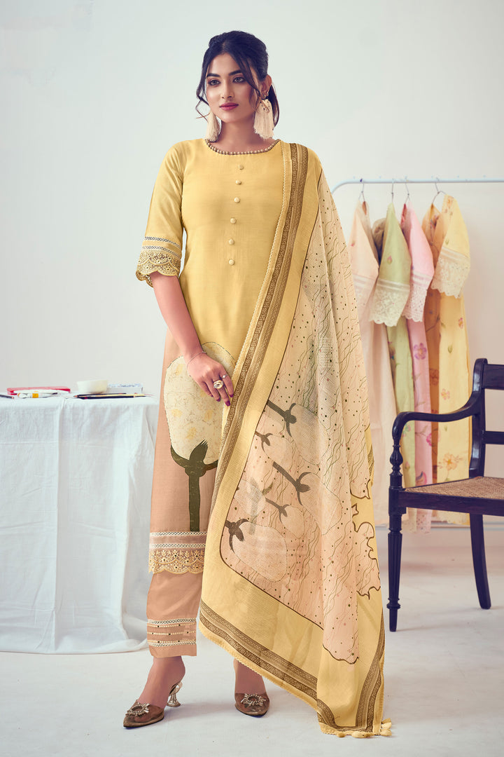Yellow Pure Muslin Shimmer Digital Print Casual Stylish Salwar Suit