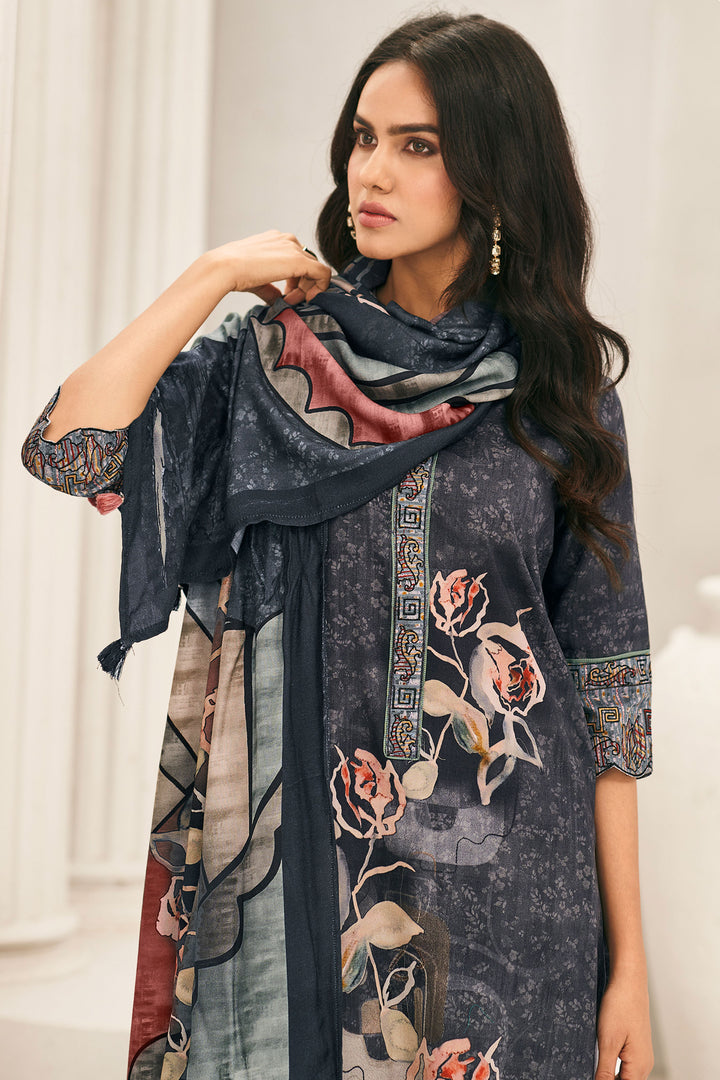 Corduroy Digital Print Daily Wear Dress In Navy Blue Color
