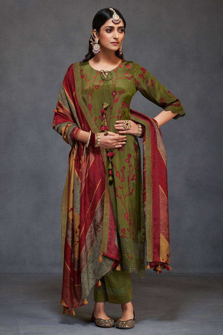 Pure Natural Crepe Digital Print Salwar Suit In Green Color
