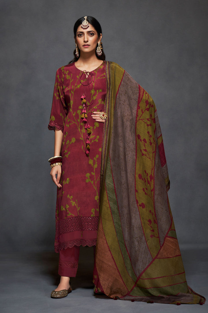 Pure Natural Crepe Digital Print Salwar Kameez In Maroon Color