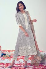 Load image into Gallery viewer, Grey Pure Muslin Digital Print With Embroidery Work Casual Straight Cut Dress
