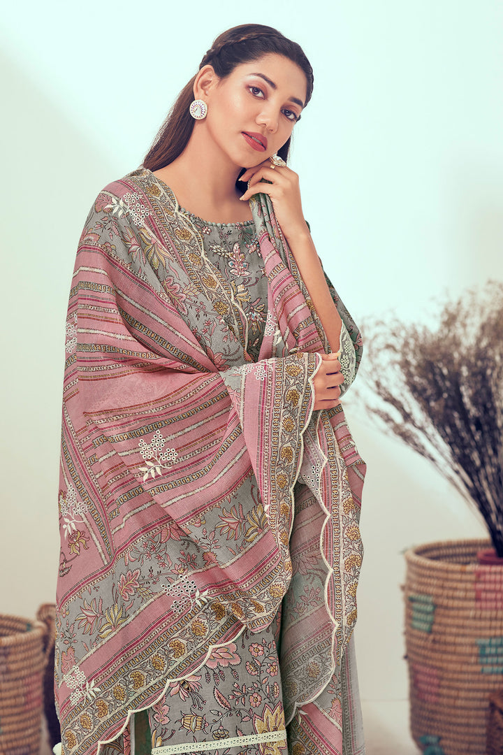 Grey Pure Linen Digital Print With Hand Work Casual Long Salwar Kameez