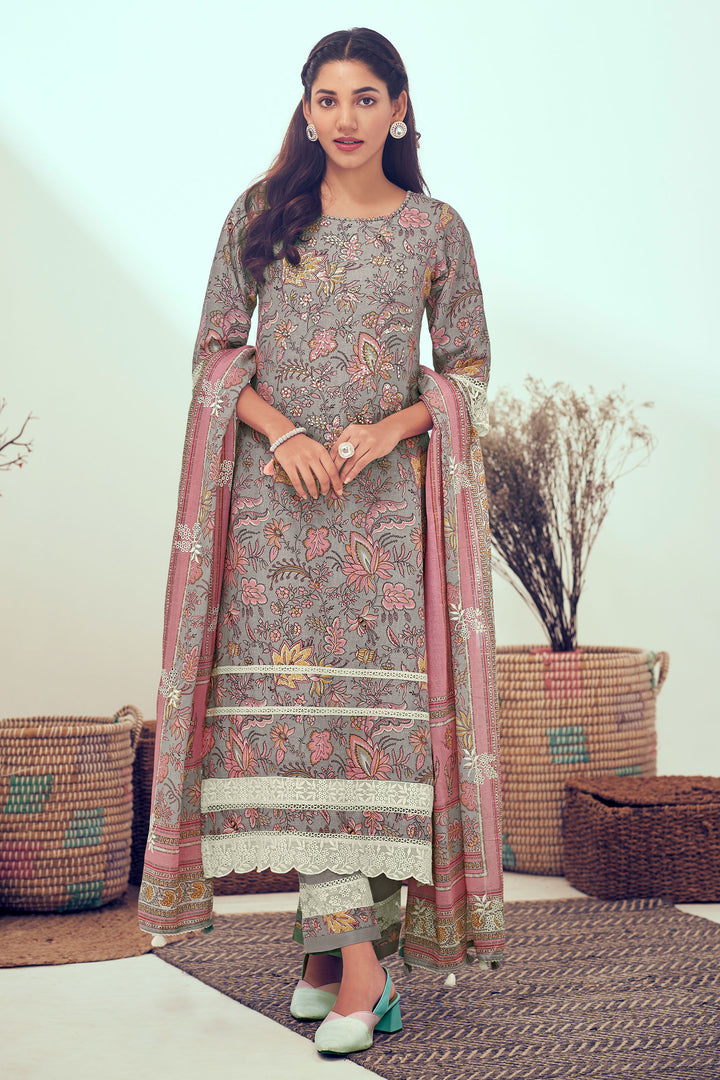 Grey Pure Linen Digital Print With Hand Work Casual Long Salwar Kameez