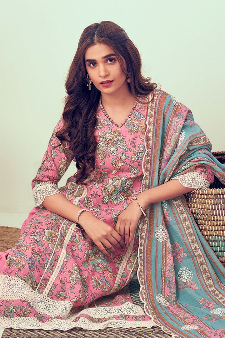 Pink Pure Linen Digital Print With Hand Work Casual Long Salwar Suit