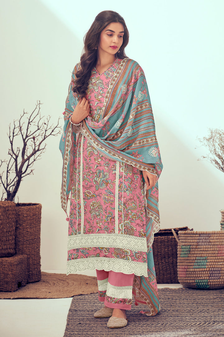 Pink Pure Linen Digital Print With Hand Work Casual Long Salwar Suit