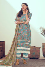 Load image into Gallery viewer, Light Cyan Pure Linen Digital Print With Hand Work Casual Long Suit
