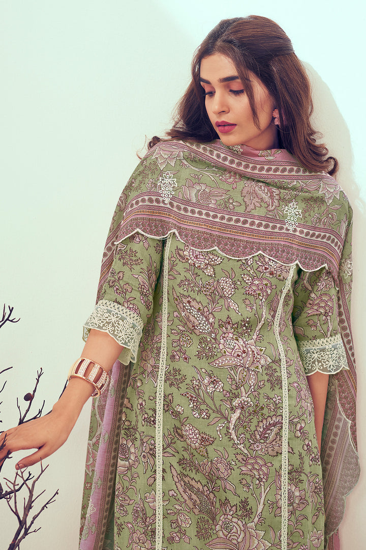 Pure Linen Digital Print With Hand Work Casual Long Salwar Kameez In Sea Green Color