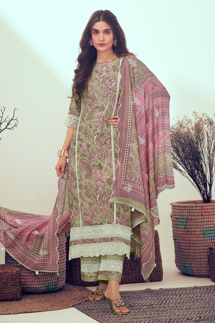 Pure Linen Digital Print With Hand Work Casual Long Salwar Kameez In Sea Green Color