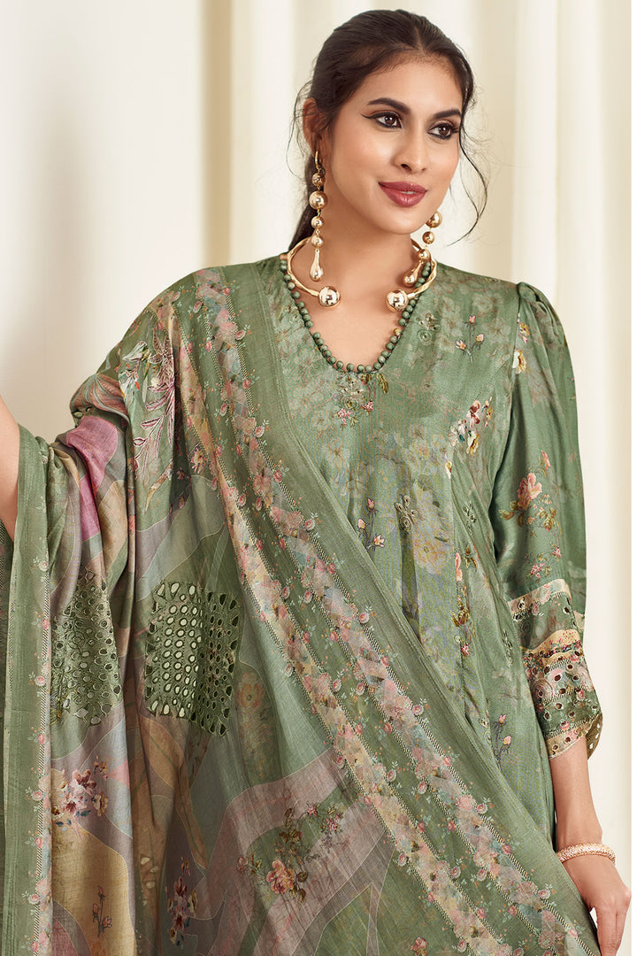 Sea Green Pure Muslin Silk Fancy Borer Embroidery Digital Print Designer Salwar Suit