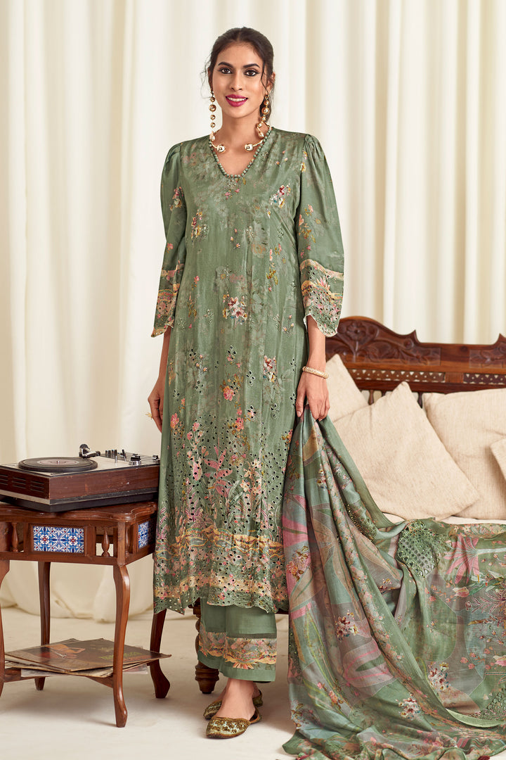 Sea Green Pure Muslin Silk Fancy Borer Embroidery Digital Print Designer Salwar Suit