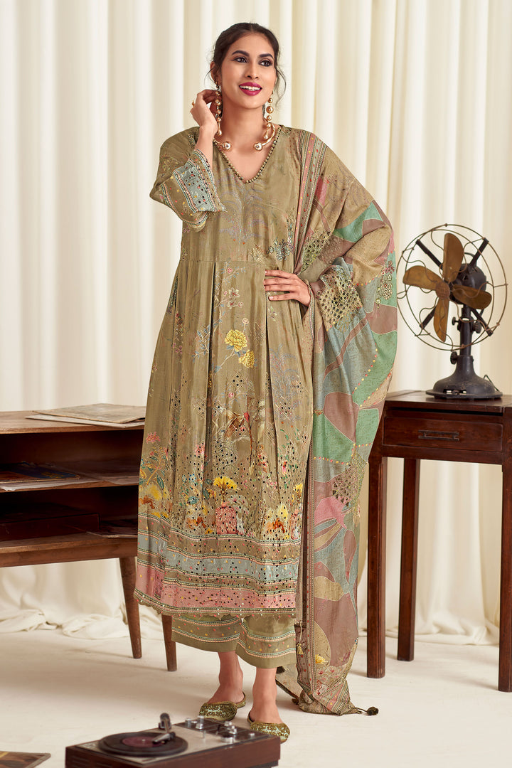 Beige Pure Muslin Silk Fancy Borer Embroidery Digital Print Designer Dress