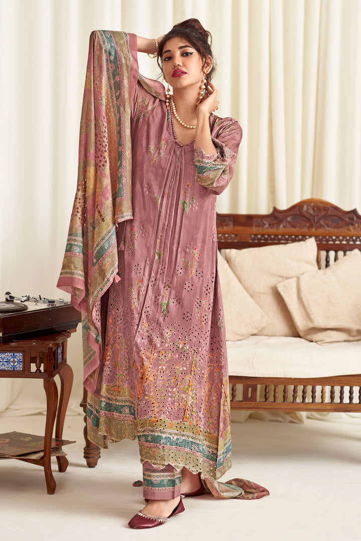 Pure Muslin Silk Fancy Borer Embroidery Digital Print Designer Salwar Kameez In Pink Color