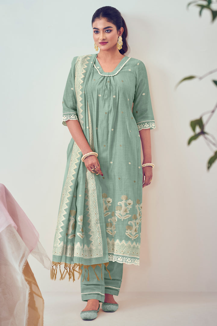 Sea Green South Cotton Top Dyed Jacquard Print Salwar Suit