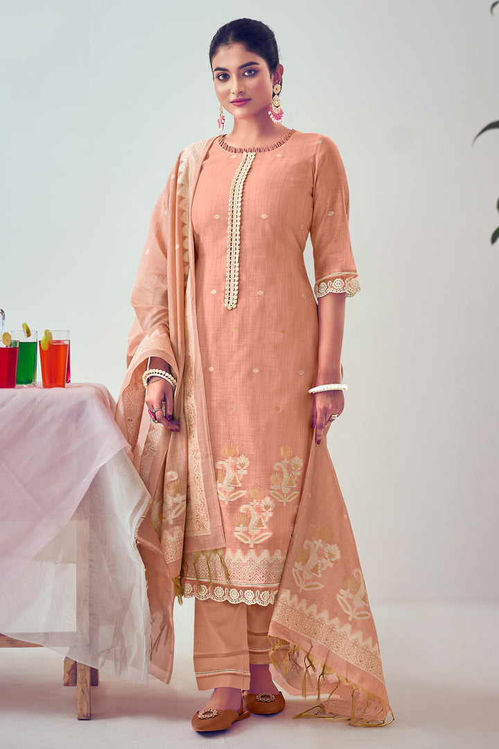 Peach South Cotton Top Dyed Jacquard Print Suit