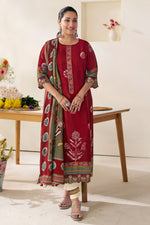 Load image into Gallery viewer, Red Premium Bemberg Silk Slub Hnad Block Print Salwar Suit