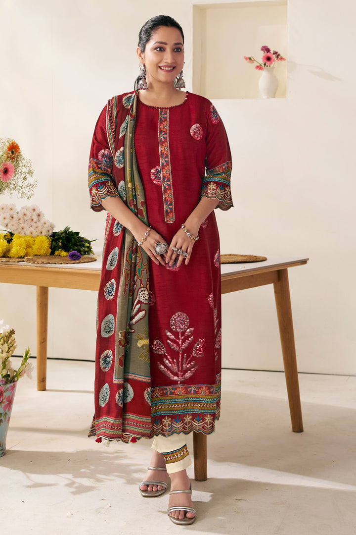 Red Premium Bemberg Silk Slub Hnad Block Print Salwar Suit