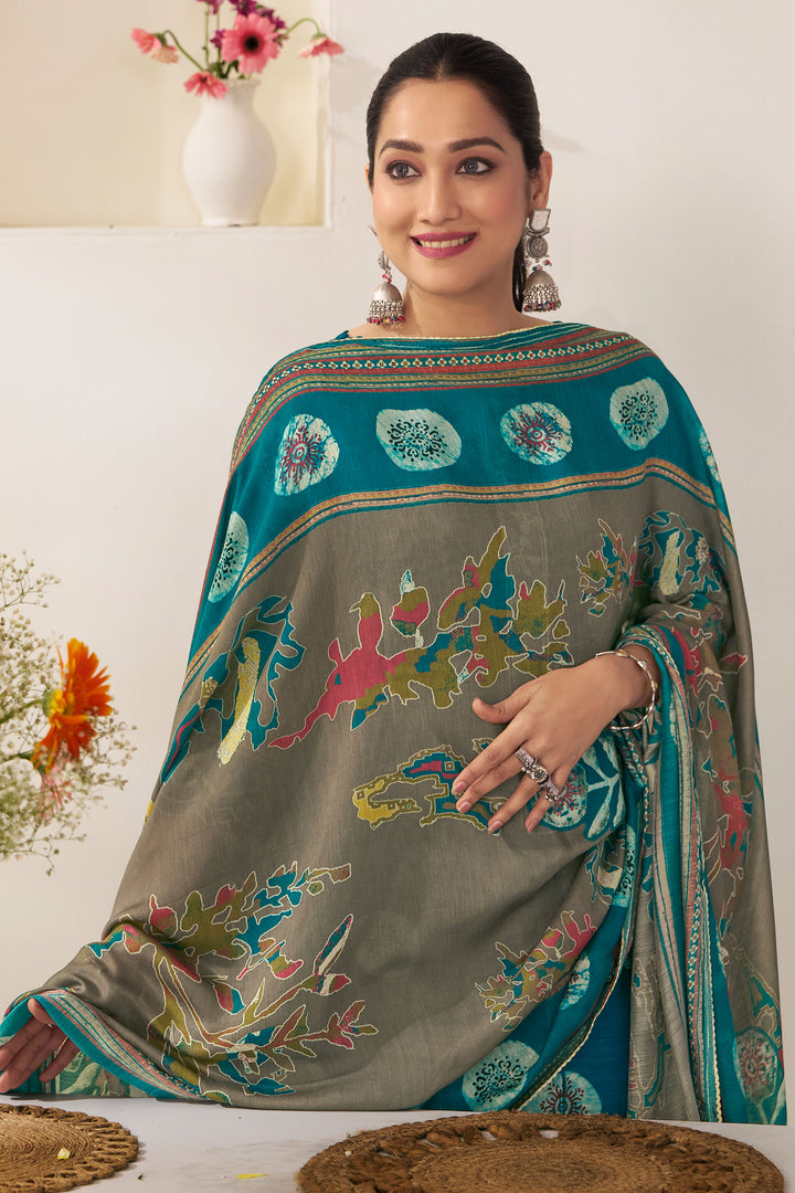 Teal Premium Bemberg Silk Slub Hnad Block Print Suit