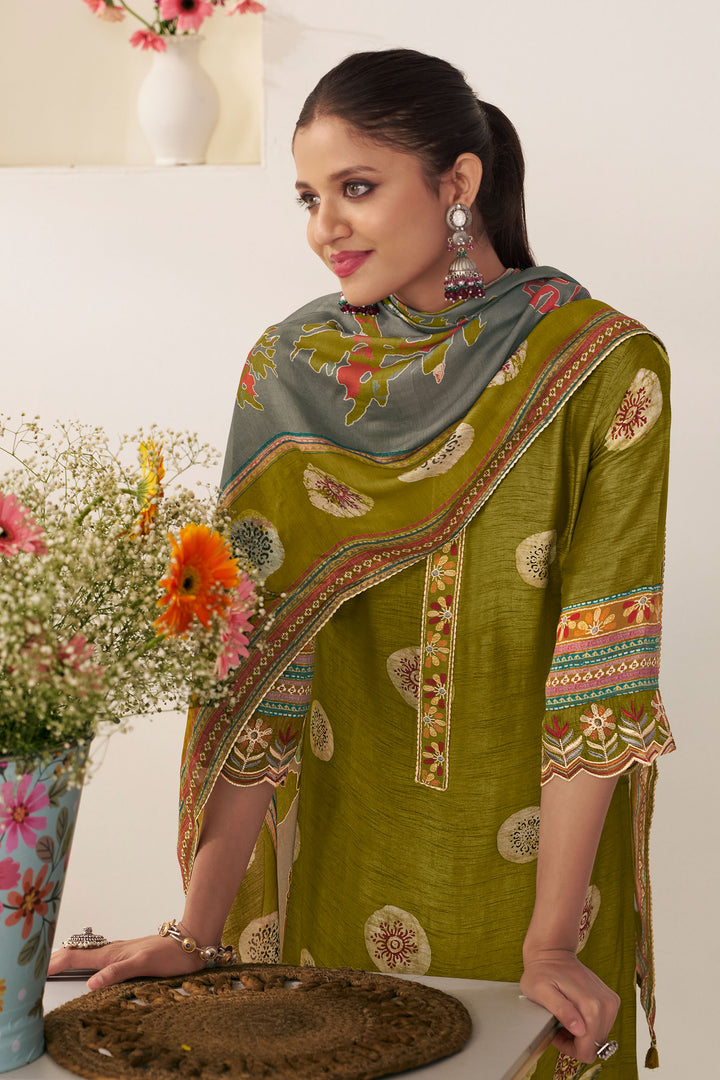 Green Premium Bemberg Silk Slub Hnad Block Print Dress