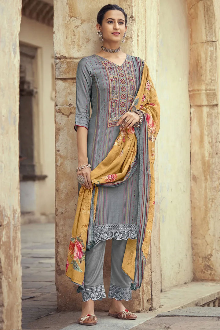 Likeable Pure Muga Silk Grey Printed Salwar Suit