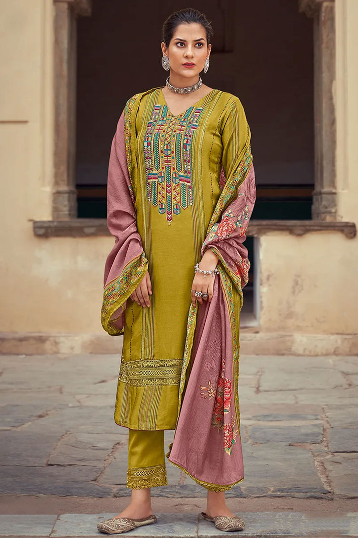 Super Pure Muga Silk Green Printed Salwar Suit