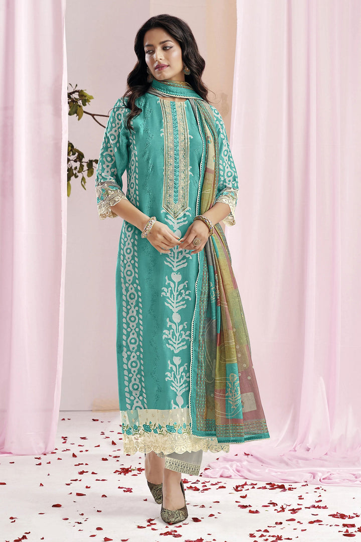Deep Green pure moga silk embroidered and batik printed unstitched salwar suit set