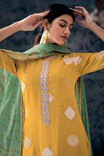 Load image into Gallery viewer, Resplendent Pure Muga Silk Yellow Batik Printed Salwar Suit