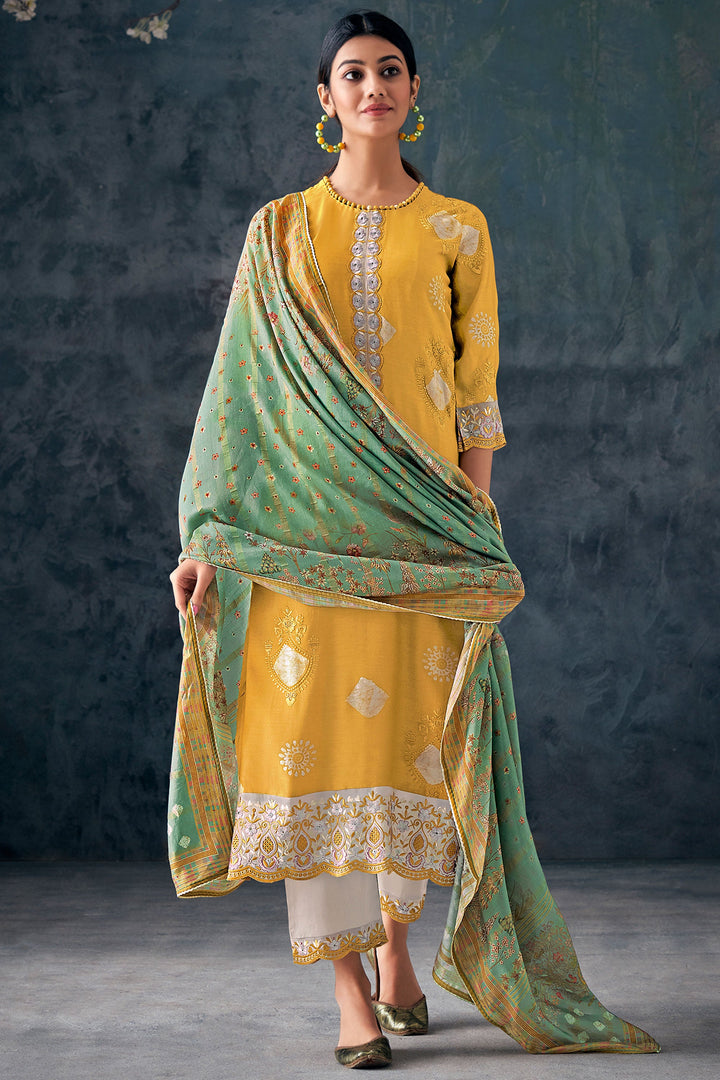Resplendent Pure Muga Silk Yellow Batik Printed Salwar Suit
