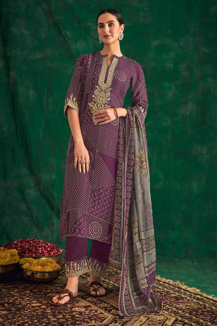 Purple Pure Bemberg Silk Bandhni Printed Salwar Suit