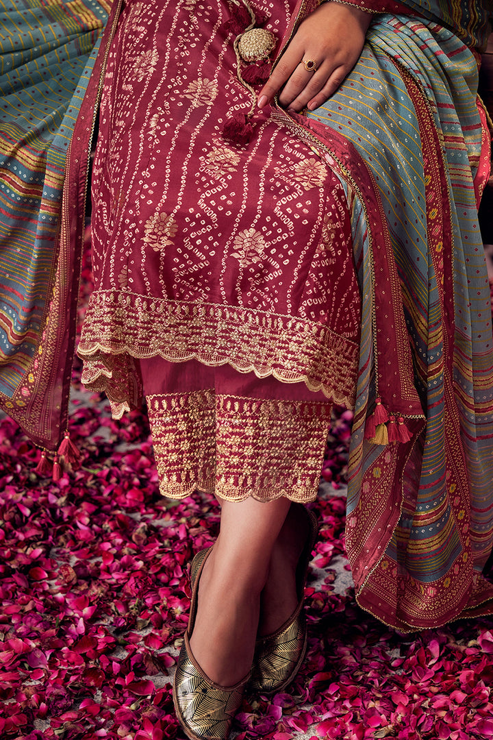 JVPPL Pure Muga Silk Pink Bandhani Printed Salwar Suit