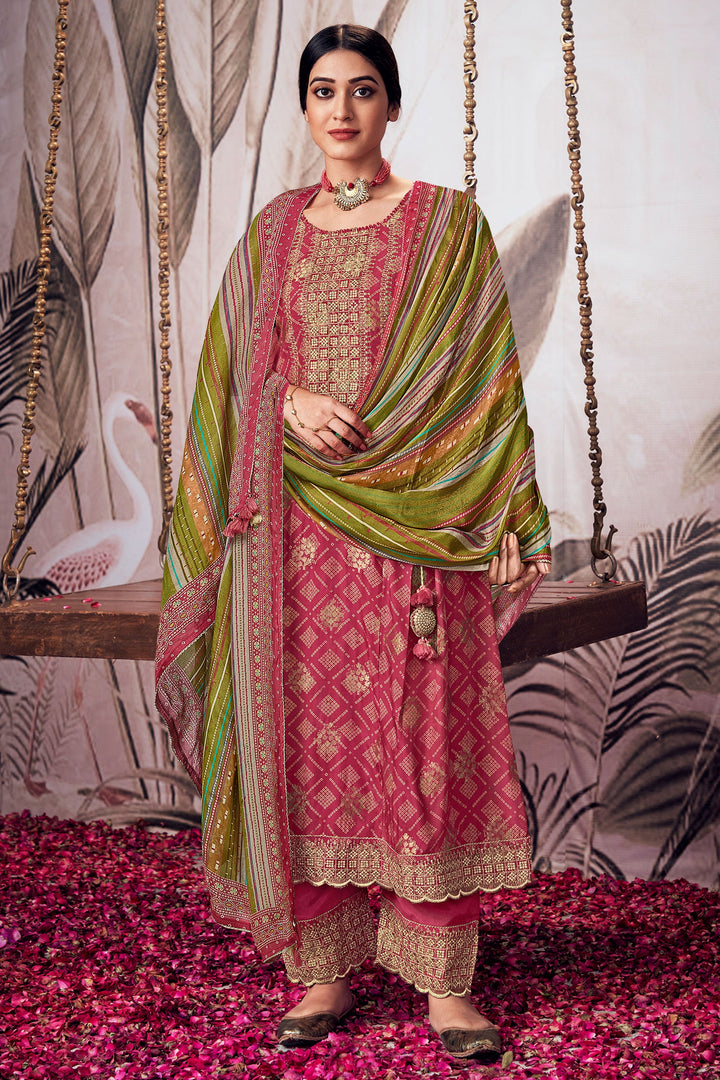 Stunning Pure Muga Silk Pink Bandhani Printed Salwar Suit