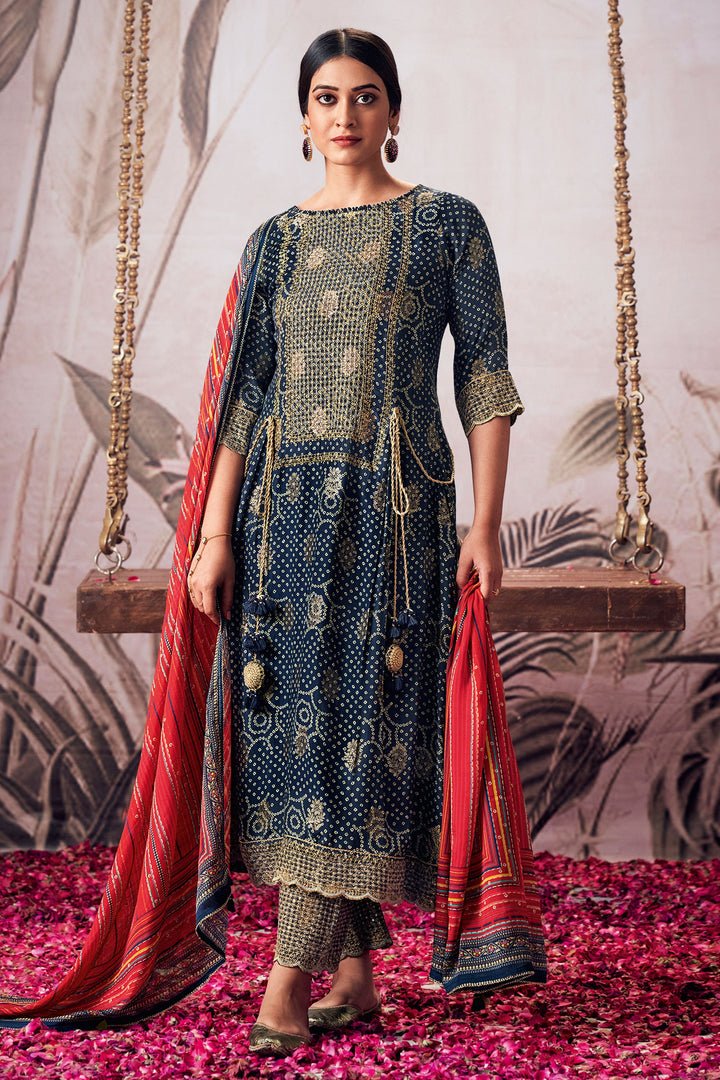 Elegant Pure Muga Silk Blue Bandhani Printed Salwar Suit