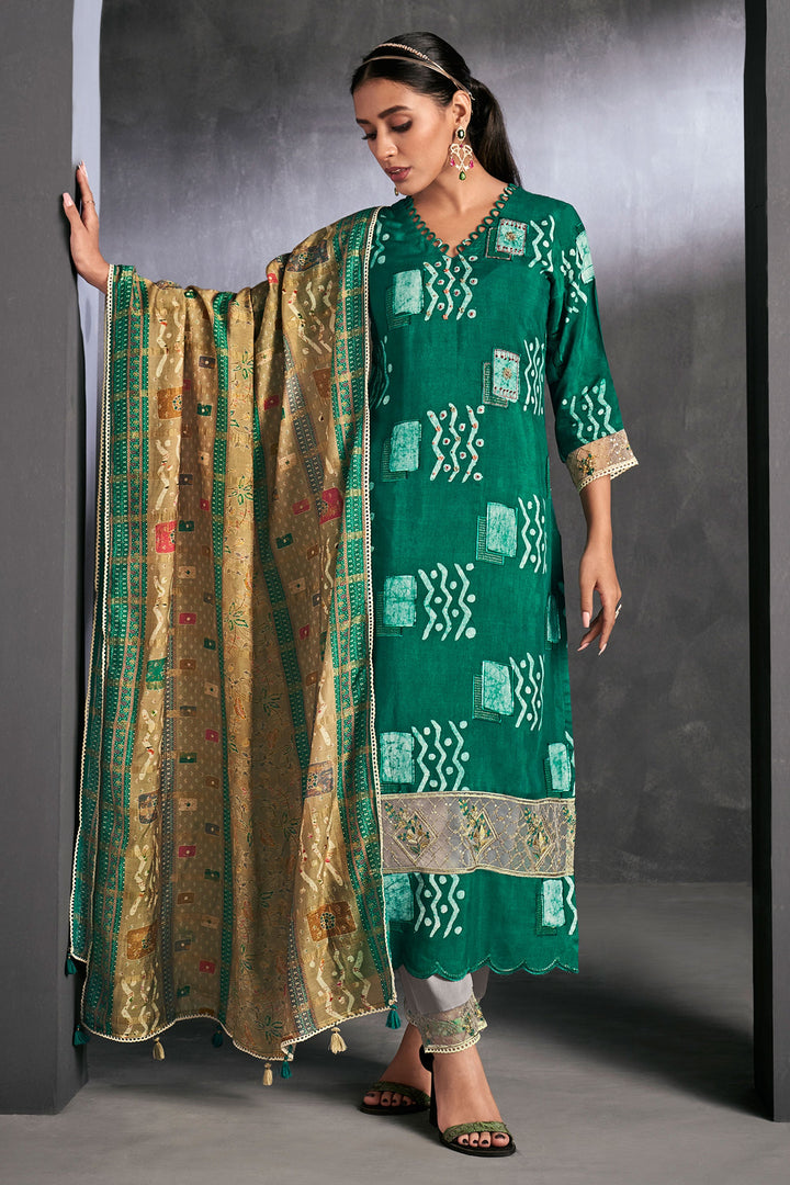Rich Pure Muga Silk Green Batik Printed Salwar Suit