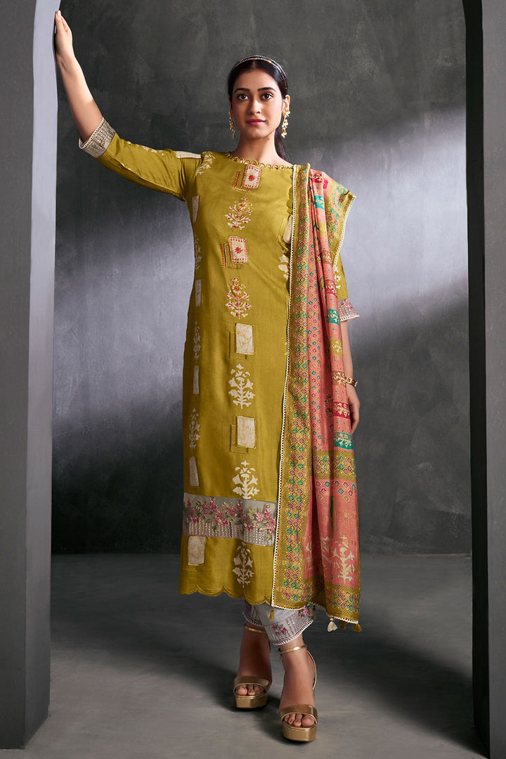 Evershine Pure Muga Silk Mustard Batik Printed Salwar Suit