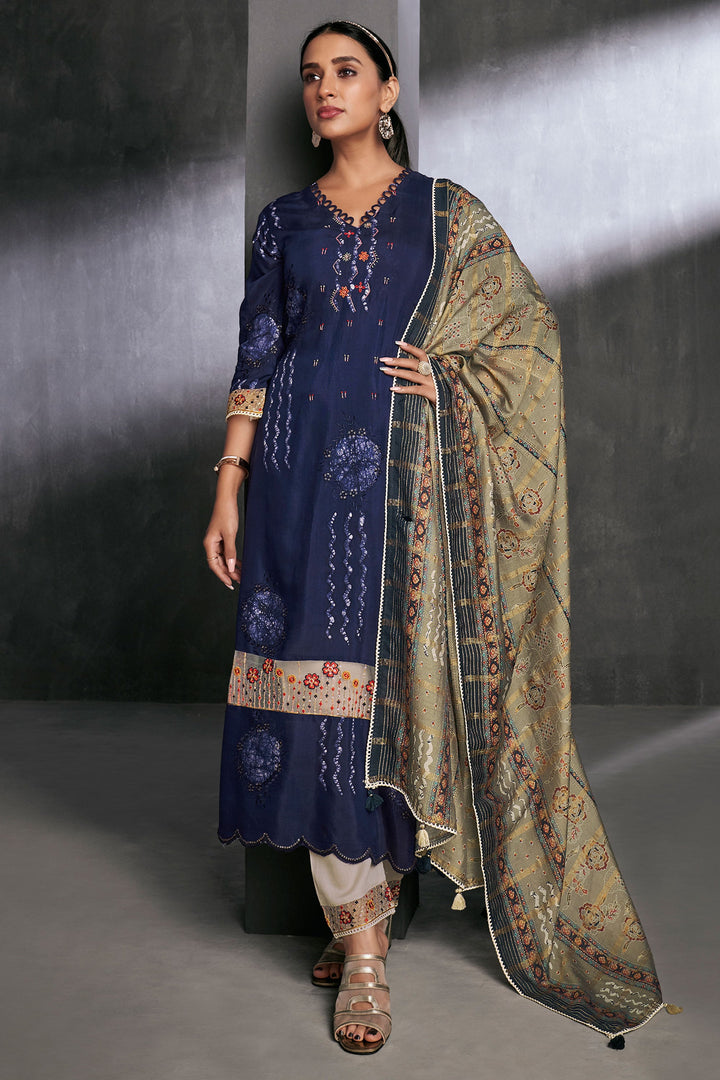 Phenomenal Pure Muga Silk Blue Batik Printed Salwar Suit