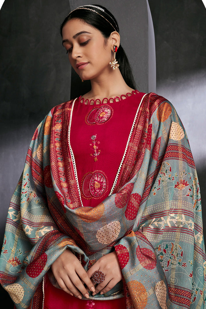 Marvelous Pure Muga Silk Red Batik Printed Salwar Suit