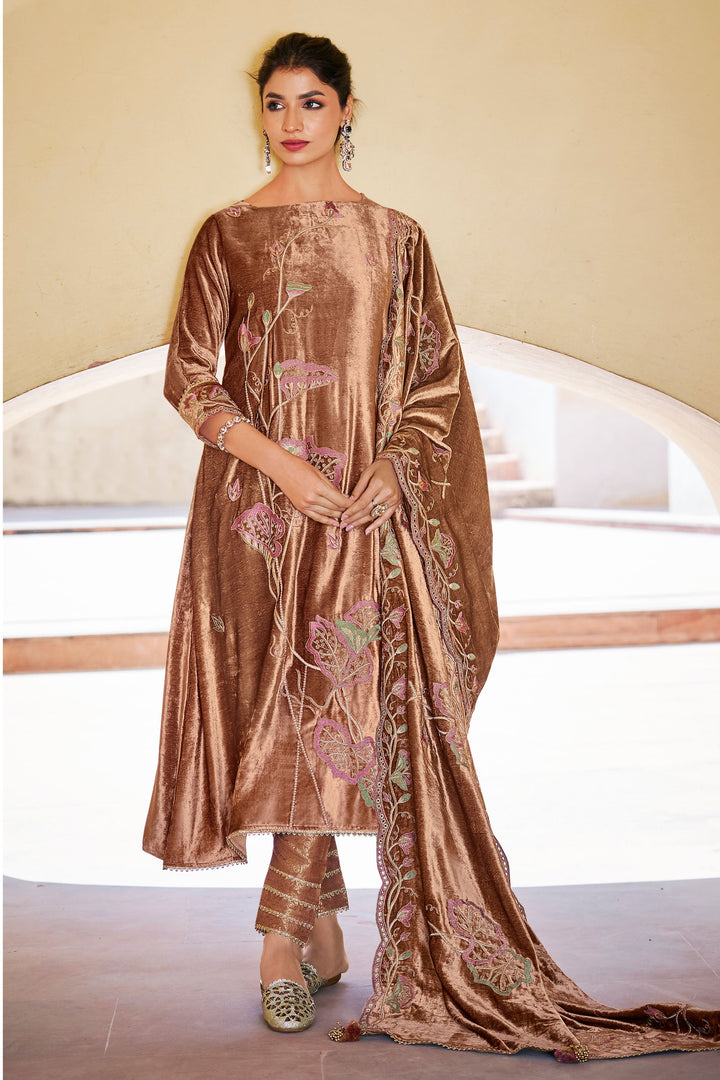Pure Viscose Velvet Brown Color Embroidered Designer Salwar Suit