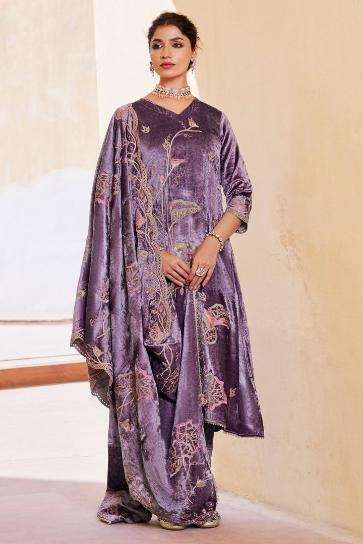 Embroidered Purple Color Designer Salwar Suit In Pure Viscose Velvet Fabric