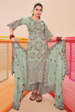 Load image into Gallery viewer, Pure Moga Silk Sea Green Fancy Embroidery Disigner Long Salwar Kameez