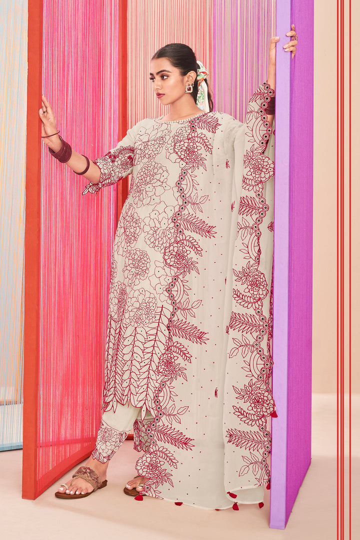 Pure Moga Silk Fancy Embroidery Disigner Beige Long Salwar Suit